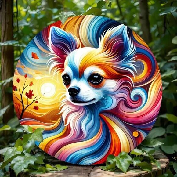 Vibrant Rainbow-Colored Foil Engraved Chihuahua Metal Sign Décor • Round 8x8in - Picture 6 of 10